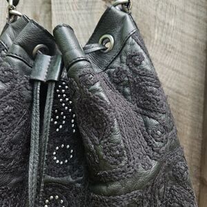 ASH Black Leather Bucket Crossbody Handbag Purse Embroidery Boho Chic Designer